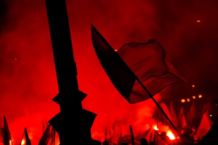 people raising flags near bonfire